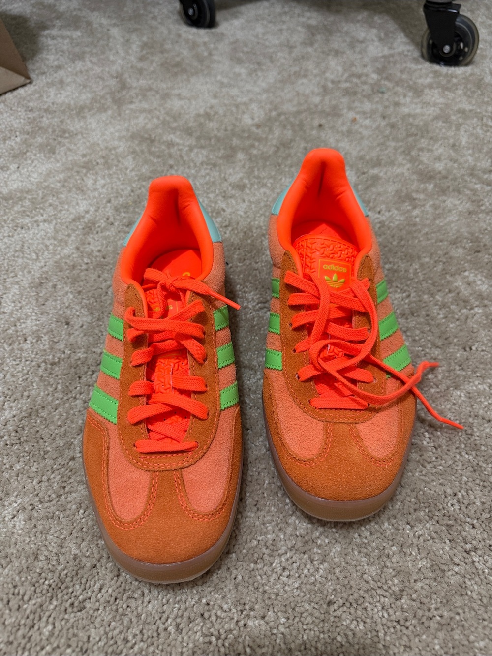 adidas Bright Orange Suede Sneakers with Green Stripes
